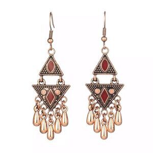 Copper Tone Geometric Triangle Chandelier Earrings Rust Orange Enamel Teardrop